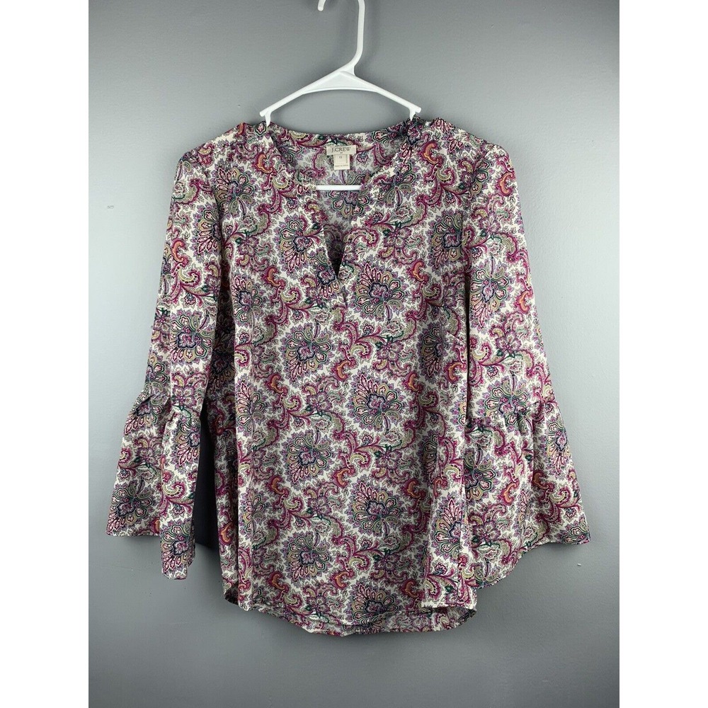 J.Crew‎ Blouse Womens XS Pink Paisley Bell Sleeve Split Neck Ruffle Top Preppy